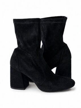 Stuart Weitzman Flareblock 85 Black Stretch Suede Ankle Boots Block Heel Size 7